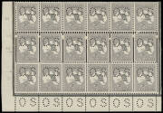 2d Grey (Plate 1) perforated Small OS, No Monogram corner block of 18 from the left pane, MUH/MLH. A most remarkable block with the margins on all 3 sides, L55 showing the "retouched left frame and shading N.W. of map" variety and extraordinarily well cen