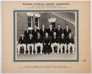GRAHAM MCKENZIE COLLECTION - WESTERN AUSTRALIA - 1965 SEASON: Official photograph titled 'Western Australia Cricket Association, W.A. v N.S.W., Sydney Cricket Ground, 23/11/65; W.A. 364 and 6 for 225, defeated N.S.W., 9 for 270 declared and 318, outright by 4 wickets', showing McKenzie 3rd from left on back row; players names printed on mount beneath; overall 29x35cm.