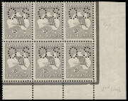 2d Grey (Plate 1) perforated Small OS, No Monogram corner block of 6 from the right pane; stamps MUH, lightly mounted in margins. Fine and fresh and extremely rare, this block excised from a complete horizontal strip of 24 in the Arthur Gray collection. B