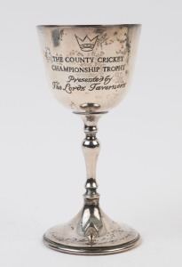 GRAHAM MCKENZIE COLLECTION - 1969-1975 LEICESTERSHIRE COUNTY CRICKET: sterling silver trophy presented to Graham McKenzie by the Lord's Taverners after Leicestershire's County Championship win in 1975; height 15cm, weight 158gr.   