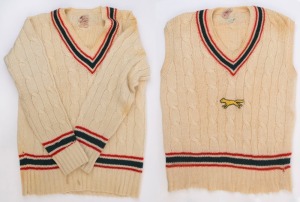 GRAHAM MCKENZIE COLLECTION - 1969-1975 LEICESTERSHIRE COUNTY CRICKET: Leicestershire long-sleeve and short-sleeve jumpers issued to Graham McKenzie on joining the club in 1969, both made by Alan Paine of Godalming (England), both with McKenzie's name on the maker's label, the short-sleeved jumper with embroidered 'Fox' patch on the front. Some staining, good condition overall. (2 items)