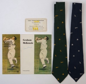 GRAHAM MCKENZIE COLLECTION - 1978 TESTIMONIAL: Selection of items comprising Testimonial Book & Testimonial Dinner menu both signed by McKenzie, also ticket No '121' for the Dinner, and Testimonial ties (2), in blue or in green. (5 items)