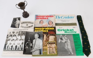 GRAHAM MCKENZIE COLLECTION - BALANCE OF COLLECTION: with Ashes Tie, photos (2) of Graham McKenzie receiving 1964 W.A. Sportsman of the Year trophy, 1965 postcard showing Australian Cricketers touring West Indies & British Guiana, 1972-72 Claremont-Cottesloe CC team photo, four 1970s cricket magazines with articles on McKenzie, and a 1957 Australian Junior Hockey Carnival (Launceston) 'Fairest & Best' trophy (damaged) awarded to McKenzie. (10 items)