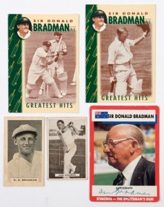 DON BRADMAN: cigarette/trading card selection featuring Bradman with c.1930 Sweetacres 'Sports Champion's card #48, 1933 Godfrey Phillips (BDV) 'Test Cricketers' Card #17; 1990-91 Stimorol card #37 'Sir Donald Bradman' autograph card SIGNED BY BRADMAN, plus two modern Sanitarium/Weet-Bix cards. (5 items)