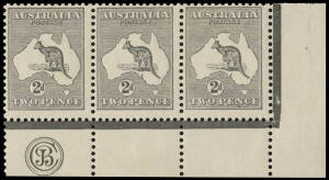 2d Grey (Plate 2) JBC Monogram corner strip of 3 from the right pane; stamps fresh MUH, and only very lightly mounted in the margins. BW:6(2)zb - $5000+.Provenance: Kevin Nelson, 2002