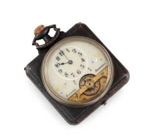 An antique French pocket watch clock with 8 day crown wind movement and folding stand, 19th century, 8cm high overall