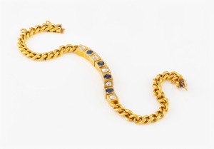 A vintage 18ct yellow gold bracelet set with sapphires and diamonds, 20th century, stamped "18", 17cm long, 13 grams total