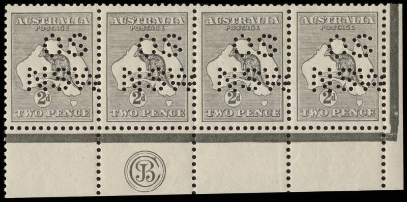 2d Grey (Plate 2) JB Nonogram corner strip of 4 from the right pane, perforated "OS/NSW"; very well centred and fresh MLH. A similarly perforated CA Monogram strip (without side margins) appeared in the recent Stuart Hardy sale. BW:6(2)zb+ ($5000) - but u