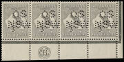 2d Grey (Plate 2) JB Nonogram corner strip of 4 from the right pane, perforated "OS/NSW"; very well centred and fresh MLH. A similarly perforated CA Monogram strip (without side margins) appeared in the recent Stuart Hardy sale. BW:6(2)zb+ ($5000) - but u