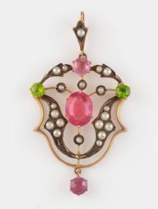 SUFFRAGETTE antique pendant, 9ct yellow gold set with seed pearls and coloured stones, early 20th century, 5cm high, 4.1 grams total