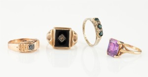 Four assorted rings. One 9ct rose gold and black onyx set with a diamond, one 9ct gold and amethyst, one 9ct rose gold and sapphire, plus a sterling silver example set with three blue sapphires, 19th and 20th century,