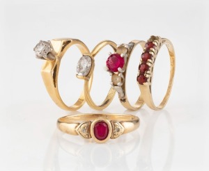 Five vintage 9ct yellow gold rings set with ruby, diamonds and garnets, early 20th century, all stamped either "9ct" or "375", 10.6 grams total