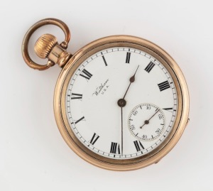 WALTHAM antique American gold plated pocket watch with Roman numerals, crown wind and subsidiary dial, late 19th century, 6.5cm high overall