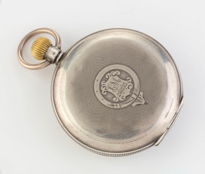 An antique 800 silver full hunter pocket watch with Roman numerals, crown wind and subsidiary dial, marked "DENTS LEVER, 96 KING ST. SYDNEY", late 19th century, 6cm wide including crown