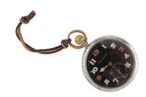 JAEGER-LECOULTRE WW1 period pocket watch with black dial and steel case, reverse engraved "G.S.T.P.233172 XX" with broad arrow mark, ​​​​​​​6.5cm high including crown
