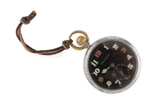 JAEGER-LECOULTRE WW1 period pocket watch with black dial and steel case, reverse engraved "G.S.T.P.233172 XX" with broad arrow mark, 6.5cm high including crown