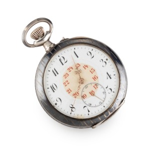 An antique Continental silver and niello cased pocket watch with Arabic numerals (12 and 24 hour), crown wind Swiss movement with subsidiary dial, early 20th century, 6.5cm high including crown