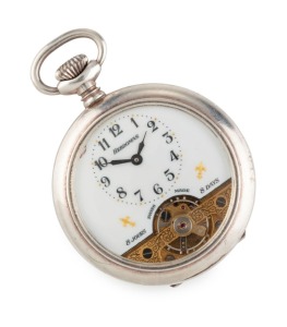 Antique silver cased pocket watch with pictorial enamel back, visual escapement and Arabic numerals, dial marked "HEBDOMAS", late 19th century, 5.5cm high overall