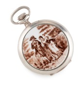 Antique silver cased pocket watch with pictorial enamel back, visual escapement and Arabic&nbsp;numerals, dial marked "HEBDOMAS", late 19th century, 5.5cm high overall - 2