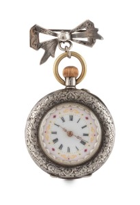 An antique engraved silver cased lady's fob watch with Roman numerals and silver bow brooch, late 19th century, ​​​​​​​6cm high overall