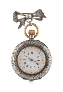 An antique engraved silver cased lady's fob watch with Roman numerals and silver bow brooch, late 19th century, 6cm high overall