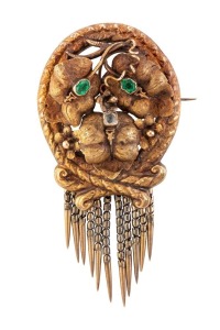 LAMBORN & WAGNER antique Colonial Australian yellow gold brooch of oval form with tassel fringe and applied leaves set with green and white stones, 19th century, tests as 15ct gold or higher, 6.5cm high overall, 11.2 grams total