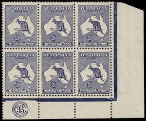 2&frac12;d Indigo (Plate 2) JBC Monogram corner block of 6 from the right pane, 4 MUH, 2MLH and with a couple of light gum bends mentioned for accuracy; the lower strip MUH. Superb appearance and a particularly scarce multiple. BW:10(2)zb+ - $6000 (for a strip o