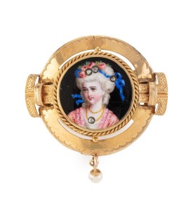 An antique yellow gold brooch with fine enamel portrait of a lady set with diamonds, 19th century, tests as 15ct gold or higher, 4.5cm wide, 10 grams