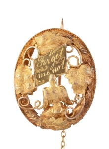 "FORGET ME NOT" antique 18ct yellow gold Colonial Australian oval brooch adorned with a flying bird, leaves and tendrils, 19th century, 3.5cm wide, 4.3 grams