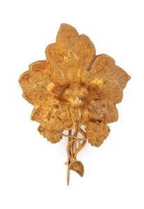 A Colonial antique Australia 15ct yellow gold brooch of leaf form with tendrils, 19th century, tests as 15ct gold or higher, ​​​​​​​5.5cm wide, 6.7 grams