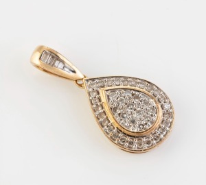 A 9ct yellow gold teardrop shaped pendant pave set with white diamonds, 20th century, 2cm high overall