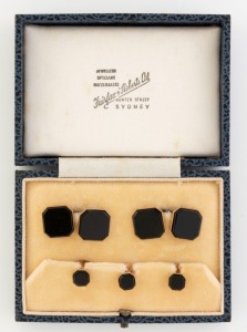 FAIRFAX & ROBERTS Ltd. of Sydney 9ct yellow gold and black onyx cufflink and stud set in original branded plush box, circa 1930,