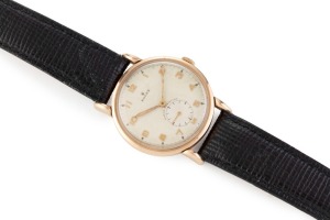 ROLEX vintage gold cased wristwatch with manual movement, Arabic numerals and subsidiary dial, 3.5cm wide including crown
