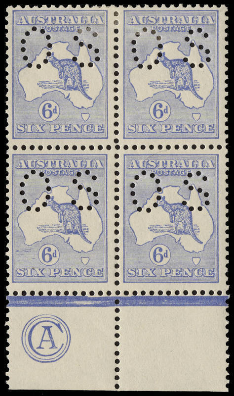6d Ultramarine (Plate 2) CA Monogram marginal block of 4 from the left pane, perforated OS; the lower pair MUH, the upper pair fine Mint. A superb multiple of a rare stamp. The similar Stuart Hardy block (JBC Monogram, with only one unit MUH, perf.OS) bro