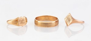 WILLIS & SONS 15ct gold ring with monogram shield, J. LAWRENCE Ltd. 9ct rose gold ring with engraved monogram (both 19th century); together with a 9ct gold wedding ring, (3 items), 7.1 grams total