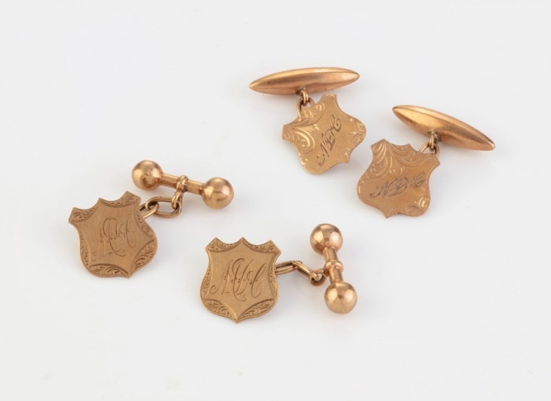 Two pairs of antique shield shaped 9ct gold cufflinks, 19th/20th century, 8.7 grams total