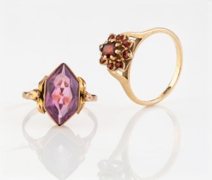 An antique 9ct rose gold and amethyst ring, together with a 9ct yellow gold and garnet cluster ring, early 20th century, (2 items), 4.1 grams total