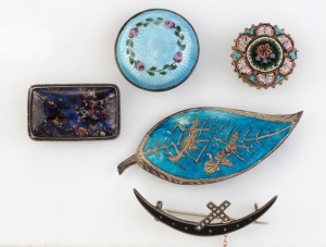 Five assorted vintage brooches including two English sterling silver and enamel examples, a Siamese silver and enamel example, a silver crescent example with black enamel and seed pearls, plus an Italian micro mosaic example, early to mid 20th century.