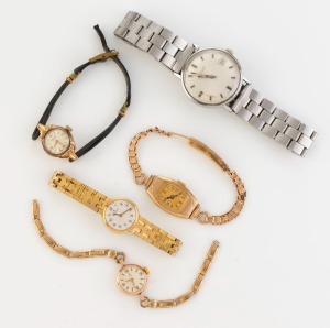 TUDOR 9ct gold cased lady's watch, RAVINA 9ct gold cased lady's watch, EDOX lady's watch, a gold plated vintage lady's watch and a RAVINA steel cased gent's watch, (5 items)