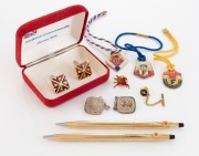 PEGASUS MOBIL OIL sterling silver pair of cufflinks, two pens and two tie pins; together with a pair of New Zealand 1974 COMMONWEALTH GAMES cufflinks in original box, plus the M.C.C. (Melbourne Cricket Club membership fobs (circa 1980s), (9 items)