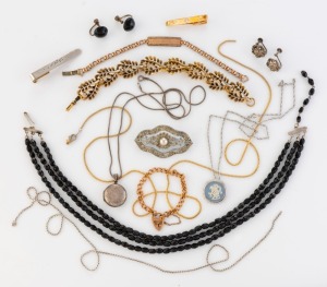 A 9ct gold and diamond tie clip, WEDGWOOD porcelain pendant on chain, pair of silver and marcasite earrings, circular silver locket on chain, five assorted costume necklaces, costume brooch, gold plated necklace and two children's bracelets, plus a tie clip, (14 items)