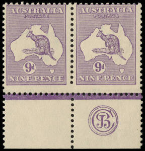 9d Violet (Plate 2) JBC Monogram pair from the right pane; the stamps MUH, mounted under one stamp. Although centred to the top, still a very attractive piece, examples of which were absent in most major collections dispersed in recent years. BW:25(2)zc+