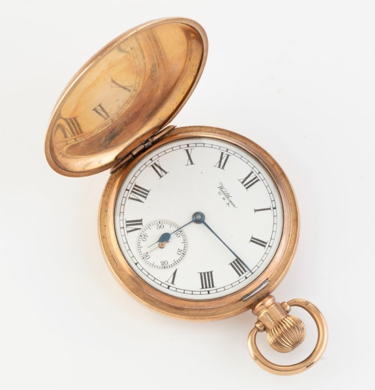 WALTHAM antique American gold plated full hunter pocket watch with Roman numerals, subsidiary dial and crown wind at 3 o'clock, late 19th century, ​​​​​​​7cm wide overall