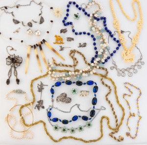 Twelve assorted vintage necklaces, earrings, brooches, bangle etc, (24 items)