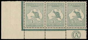 1/- Bright Blue-Green (Plate 1) CA Monogram strip of 3 from the left pane; the stamps are all MUH; mounted in the margins. Beautifully centred and an extraordinary rarity, both in terms of the number of strips recorded and the condition. BW:31(1)z - $40,0