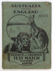 AMALGAMATED PRESS LTD: 1932 "Australian & English Cricket Stars" complete set [32] loosely inserted into special "'Triumph' and 'Champion' Test Match Souvenir Album" showing details of the forthcoming season, including the Ashes ('Bodyline') series; album