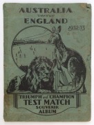 AMALGAMATED PRESS LTD: 1932 "Australian & English Cricket Stars" complete set [32] loosely inserted into special "'Triumph' and 'Champion' Test Match Souvenir Album" showing&nbsp;details of the forthcoming season, including the Ashes ('Bodyline')&nbsp;series; album