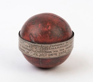 TROPHY CRICKET BALL - 1932 ARTHUR JOHN RICHARDSON: with loosely fitted sterling silver circumferential band engraved 'Presented to A.J. Richardson, who took all 10 wickets for Burnley in the Lancashire League match Burnley v Rishton ... July 16th 1932 ". 