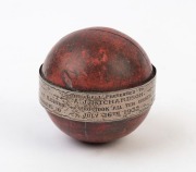 TROPHY CRICKET BALL - 1932 ARTHUR JOHN RICHARDSON: with loosely fitted sterling silver circumferential band engraved 'Presented to A.J. Richardson, who took all 10 wickets for Burnley&nbsp;in the Lancashire League match Burnley v Rishton ... July 16th 1932&nbsp;". 