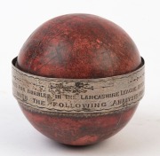 TROPHY CRICKET BALL - 1932 ARTHUR JOHN RICHARDSON: with loosely fitted sterling silver circumferential band engraved 'Presented to A.J. Richardson, who took all 10 wickets for Burnley&nbsp;in the Lancashire League match Burnley v Rishton ... July 16th 1932&nbsp;". - 2